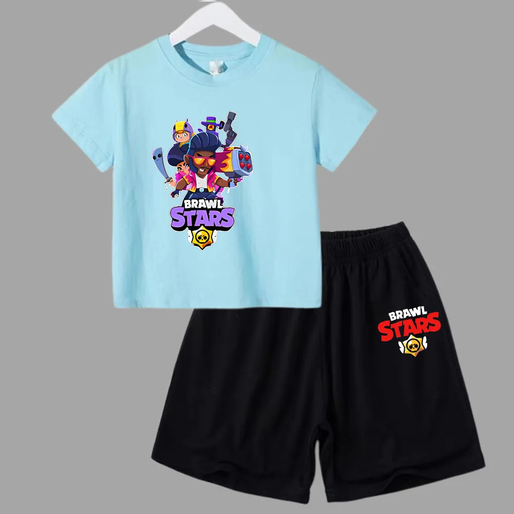 thumbnail image 1 of Conjunto de 2 piezas de camiseta de manga corta y pantalones cortos con estampado de anime de verano para niños y niñas, ropa informal de cuello redondo, 1 of 5