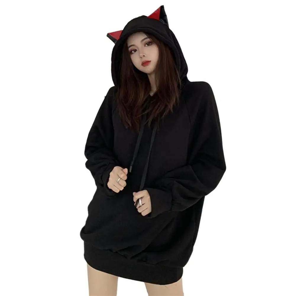 

Hoodie Cozy Cat Ear Hoodie Stylish Women's Autumn Winter Pullover with Elastic Cuffs Mid-length Warmth Elastic Cuff Hoodie