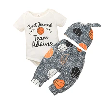 

Kids Baby Clothing Short Sleeve Bodysuit Pants Hat Letter Basketball Print Crew Neck Casual Style Summer Cotton Casual Set