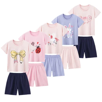 2-Pcs Children's Short-sleeved Shorts Suit Girl Sweet And Lovely Pink Round Neck Shirt Casual Joker Shorts Casual And Comfortable 1