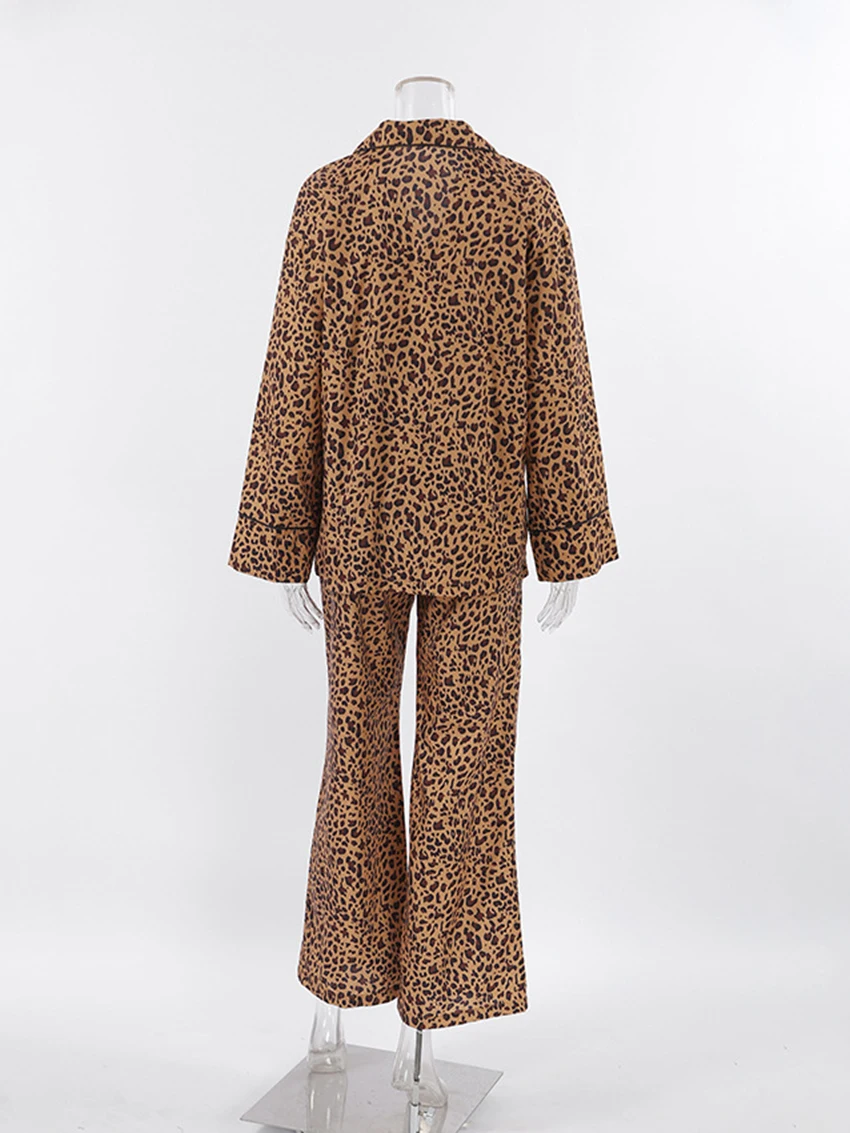 Marthaqiqi Leopard Print Women'S Nightgowns Suit Long Sleeve Nightwear Sexy Turn-Down Collar Sleepwear Pants Fashion Pajamas Set