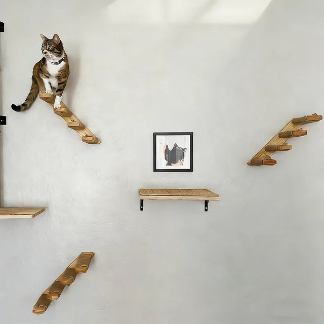 Wall Mounted Cat Wall Furniture Wooden Cat Shelves Climbing Steps & Hanging Hammock Cat Wall Perch for Indoor Cats Scratching 5
