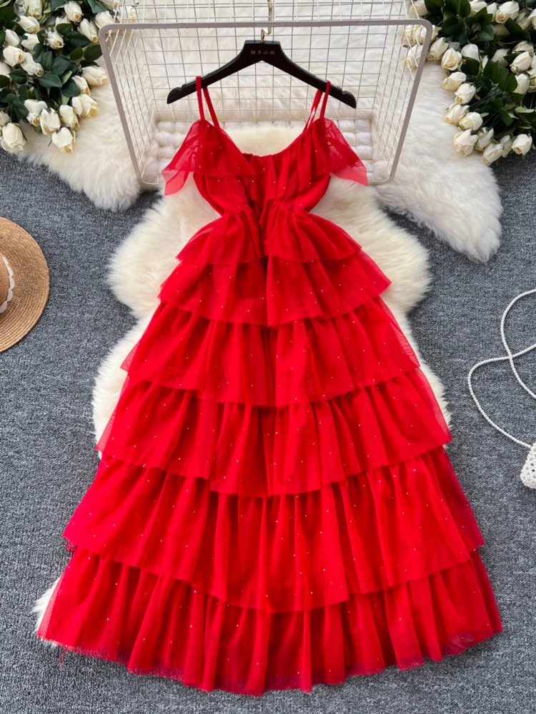 

Foamlina однотонное платье на бретельках, женское модное летнее сексуальное приталенное платье миди из фатина с V-образным вырезом и оборками