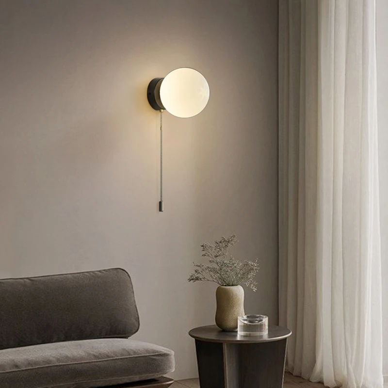 Milky White Glass Ball Wall Lamp Led Bedside Lights with Switch Living Room Dining Room Aisle Sconce Indoor Home Decor Lighting