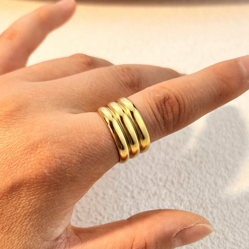 Punk Waterproof Stainless Steel Metal Thick Stripe Open Wide Rings Gold&silver Mix Color Three Layers Knuckle Ring Retro Jewelry