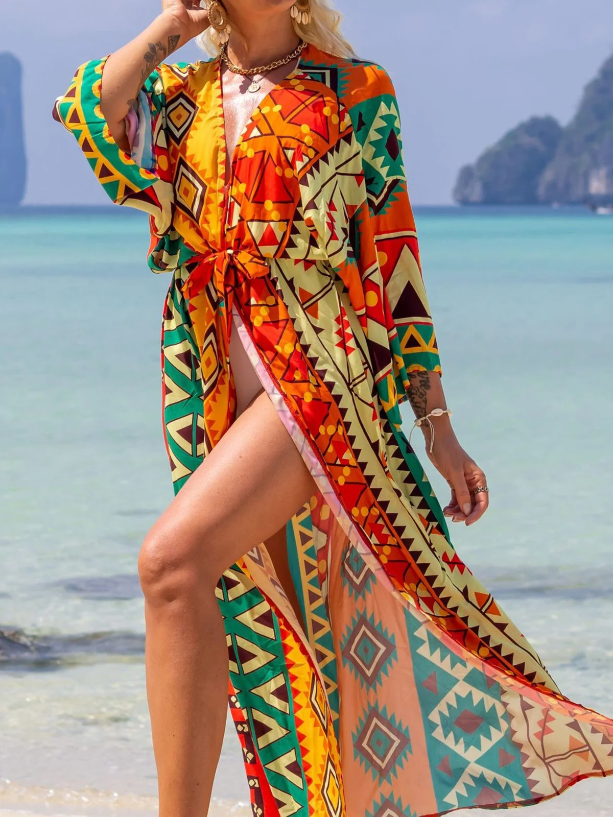 New Cover-ups Beach Dress Beachwear Female Women Beach Wear Printed Maxi Dress Kimono Boho Long Tunic Beach Cover Up V4426 6