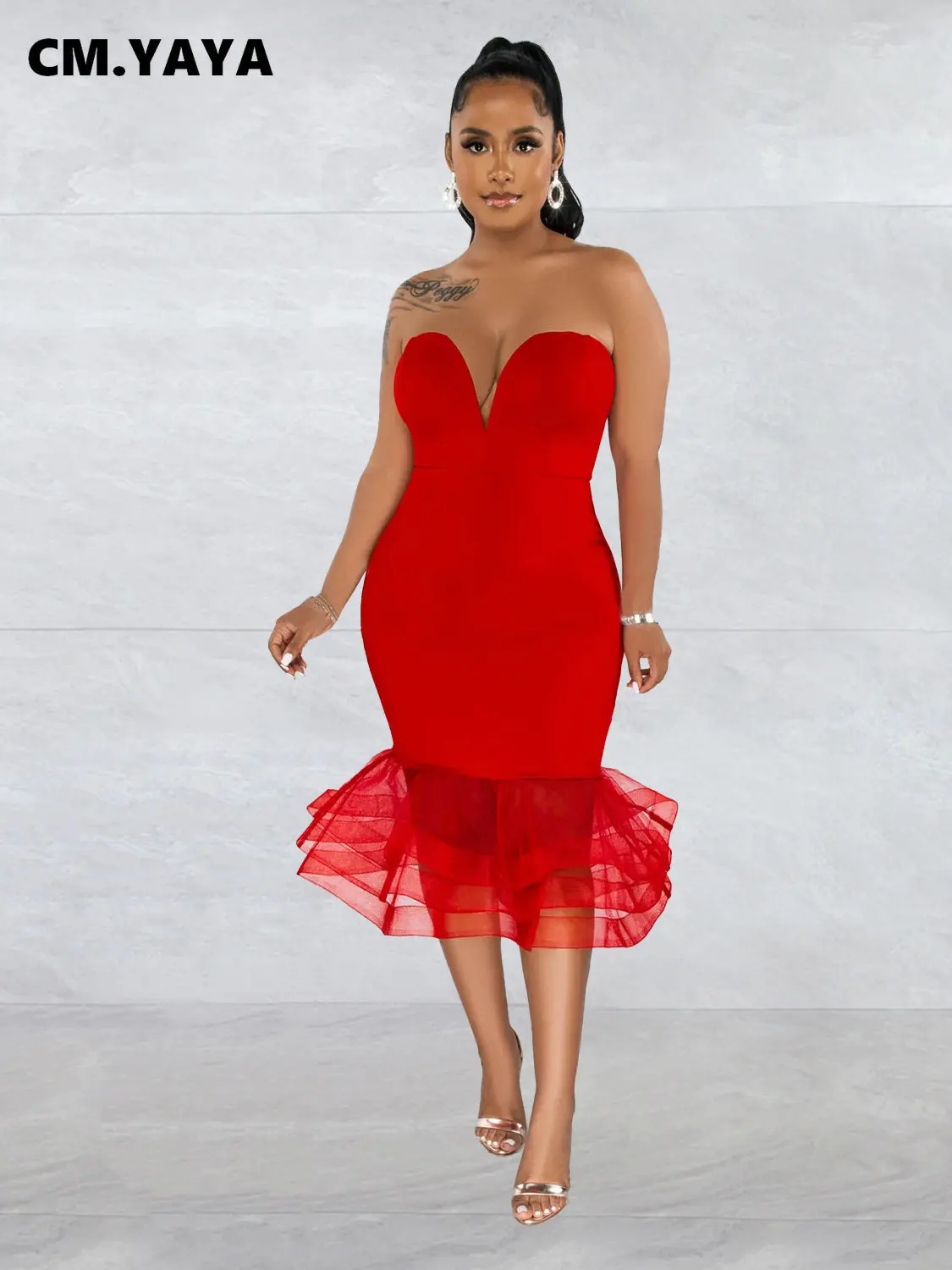 CMYAYAWomenStraplessPlungingVneckMeshRufflesHemMermaid