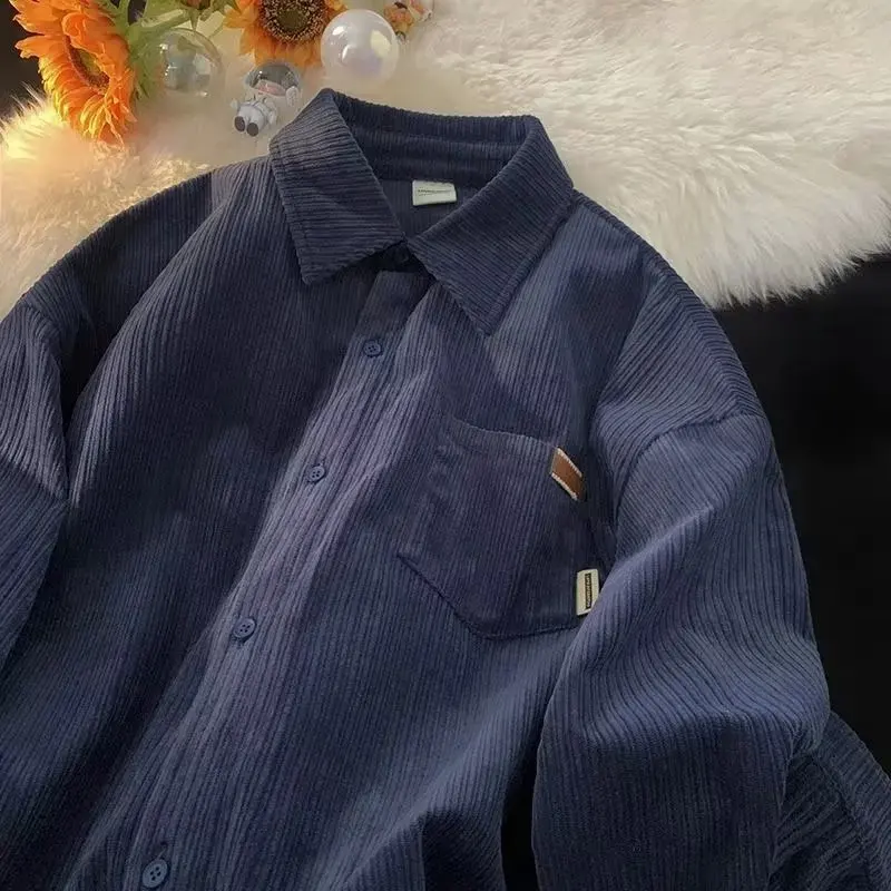 

Men Corduroy Solid Shirts 2023 Spring Autumn Long Sleeve Tops Fashion Streetwear Casual Vintage Oversize Single Breasted Coats