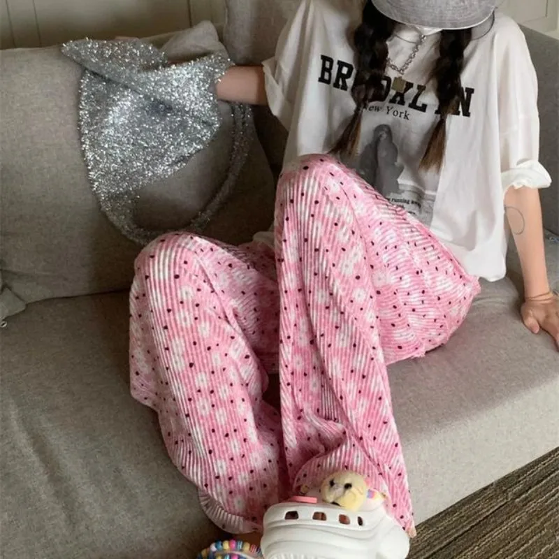2024 Women's Summer New Korean Commute Elasticized High-waisted Printed Polka Dot Tie Dye Straight Sweet Casual Wide Leg Pants