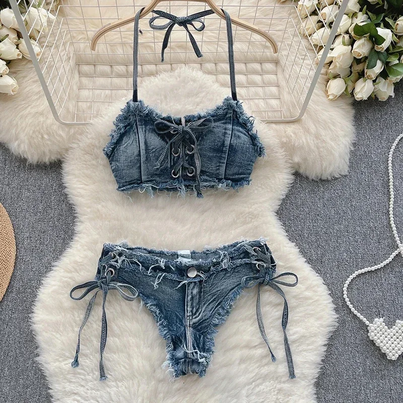 OIINAA Bathing Suit Women Sexy Denim Suits Bikini Set Lace Up Drawstring Beachwear 2025 Solid Summer Vintage Two-pieces Swimwear