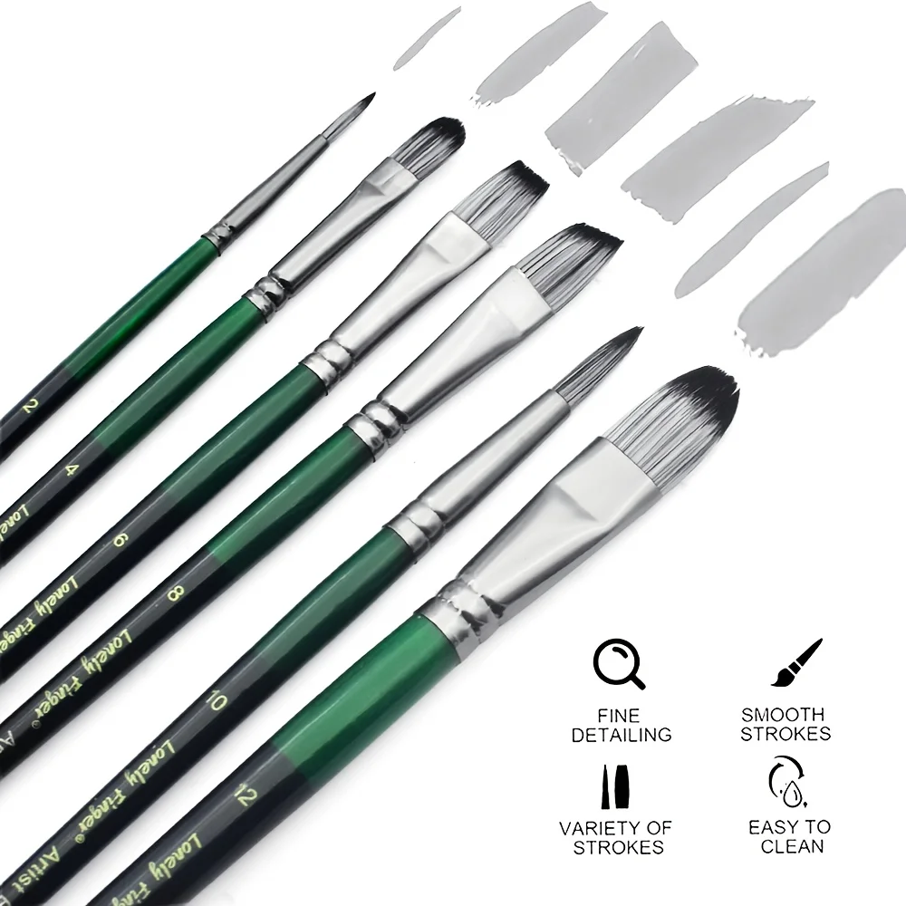 6pcs Professional Artist Paint Brush Set - Anti-Shedding Nylon Bristles, Different shapes - Round, Filbert, Flat, Angle, for Pai 3