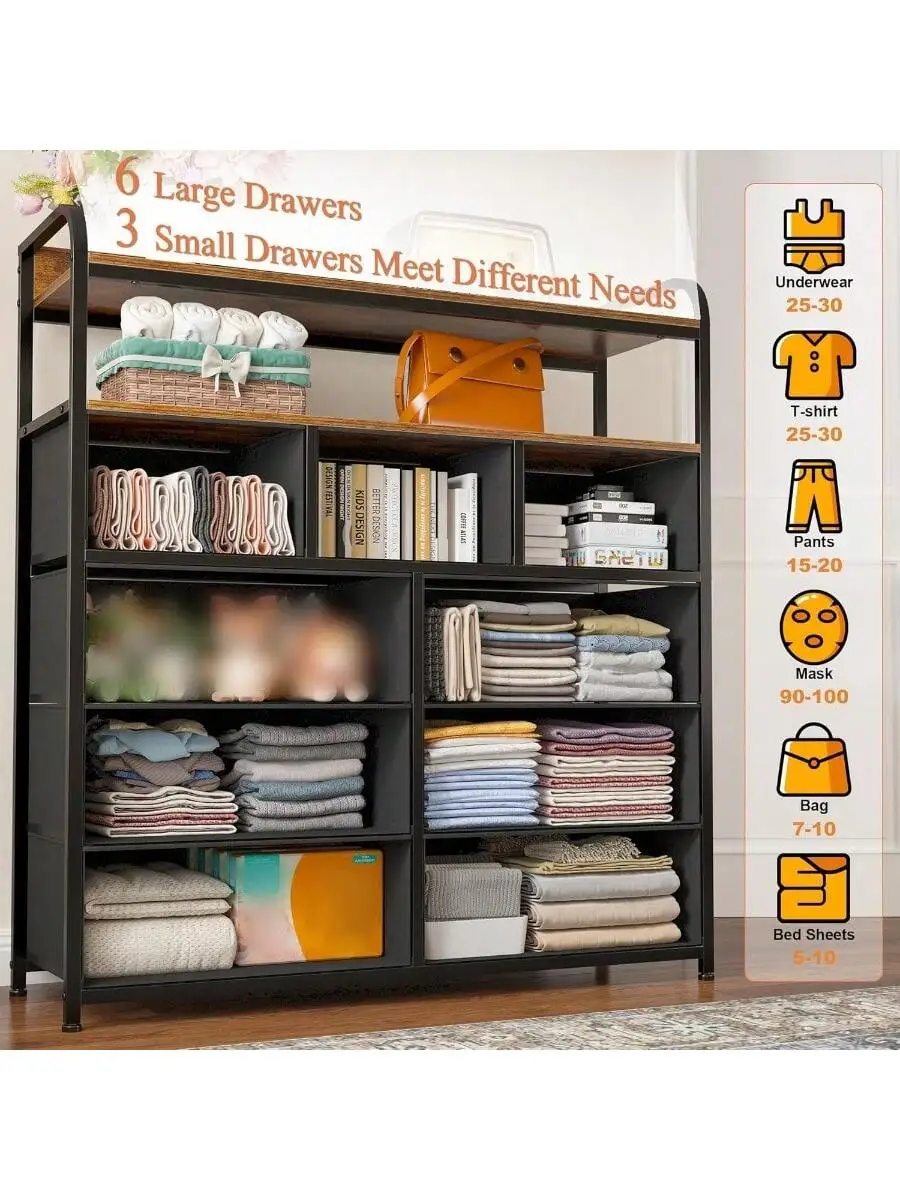 EnHomee Dresser with 9 Drawer TV Stand Dresser for Bedroom with 2 Shelves Fabric Dressers and Chest of Drawers with Wood 5