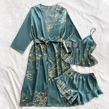 الإناث 3 قطعة منامة مجموعة الربيع الصيف جديد ملابس خاصة ملابس المنزل طباعة الكرز زهرة طويلة كيمونو البشكير ثوب رايون المتسكعون 3