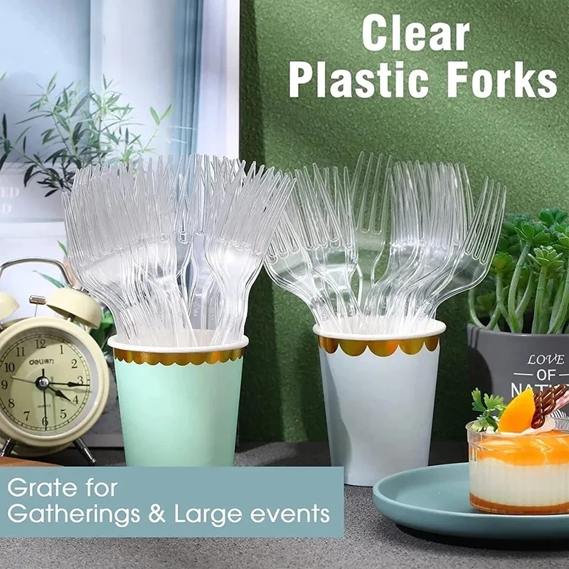 Large Clear Transparent Cutlery Disposable Forks For Party BBQ Sticks Home Food Cake Fruit Fork Disposable Tableware 25/50Pcs