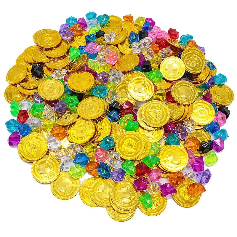 100pcs Gold Coin and 100 Pieces Gem Jewelry Treasure Toy Pirate Themed Event Party Birthday Gift Cosplay Halloween Festival