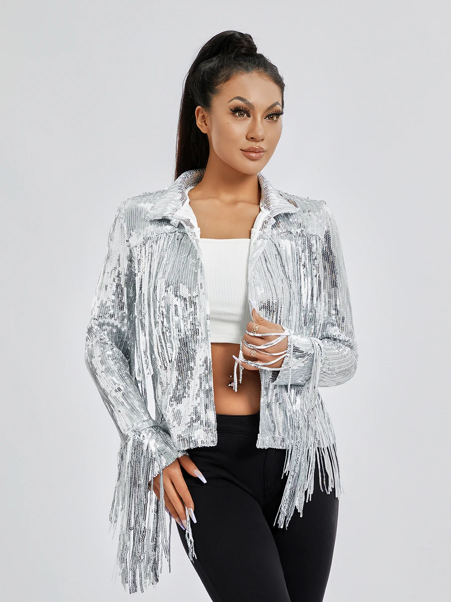 Chamarra Y2k Chaquetas De Lentejuelas Brillantes Para Mujer, Con