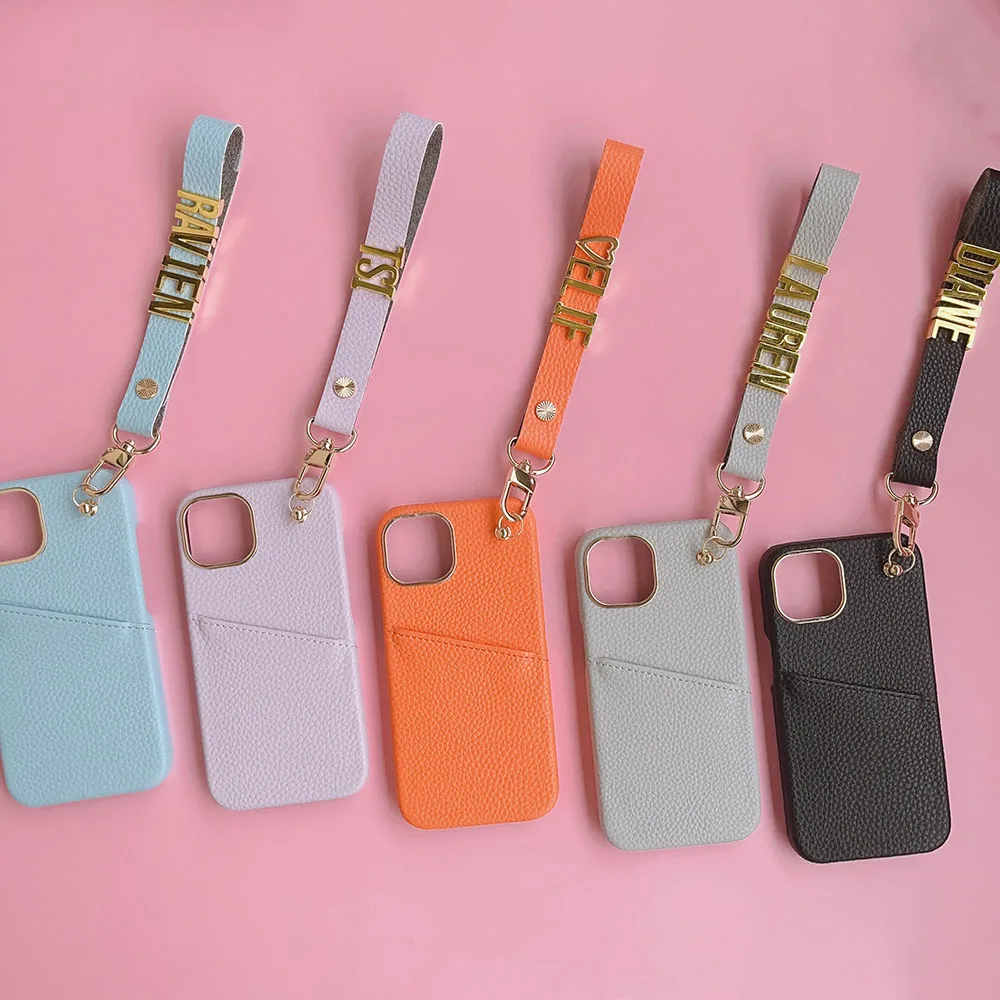 Personalise Pebble Leather Custom Name Card Holder Phone Case For iPhone 11 12 13 14 15Pro Max Protective Lanyard Bracelet Cover