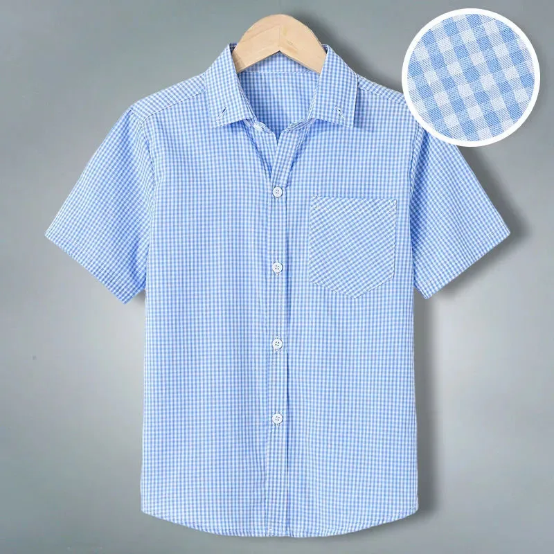 

Летняя рубашка для мальчиков, новинка 2022, Повседневная клетчатая детская одежда с коротким рукавом и отложным воротником, одежда для подростков для девочек G57