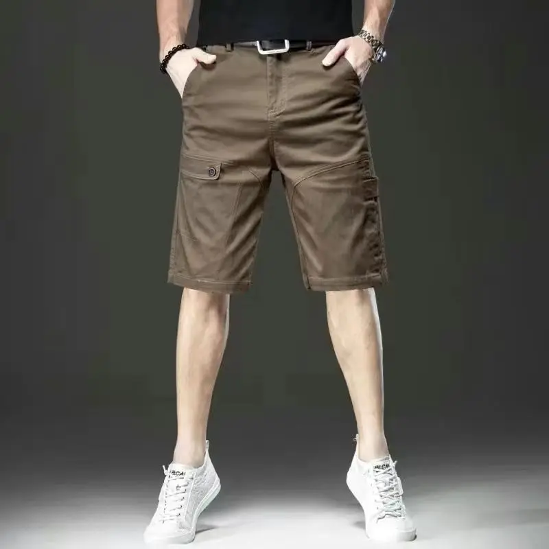 American Style Vintage Summer Casual Shorts Men's Solid Pocket Zipper Button Trend Versatile Straight Knee Length Cargo Pants