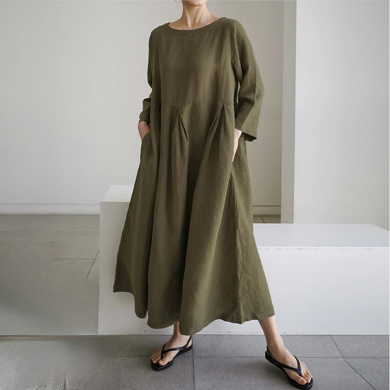 

Loose dress cotton linen style dress round neck pullover solid color long skirt large swing 2023 autumn streetwear