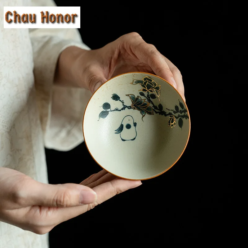 100ml Boutique Blue And White Flint Red Teacup Handmade Gold Drawing Cute Rabbit Master Cup Large Puer Tea Bowl Meditation Cup