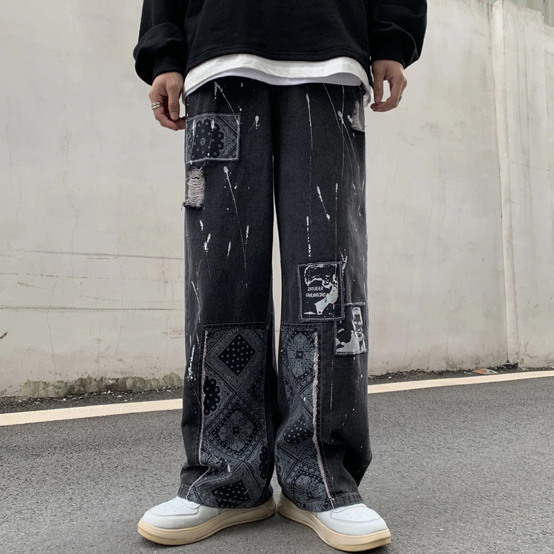 2022 Y2k Patchwork Black Grunge Baggy Men Graphic Jeans Pants Hole