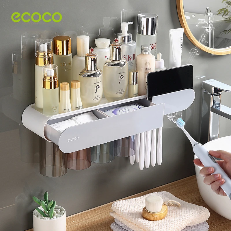 Toothbrush Holder Toothpaste Dispenser ECOCO Magnetic Adsorption Inverted Toothbrush Holder Automatic Toothpaste Squeezer Dispenser Storage Rack Bathroom Accessories