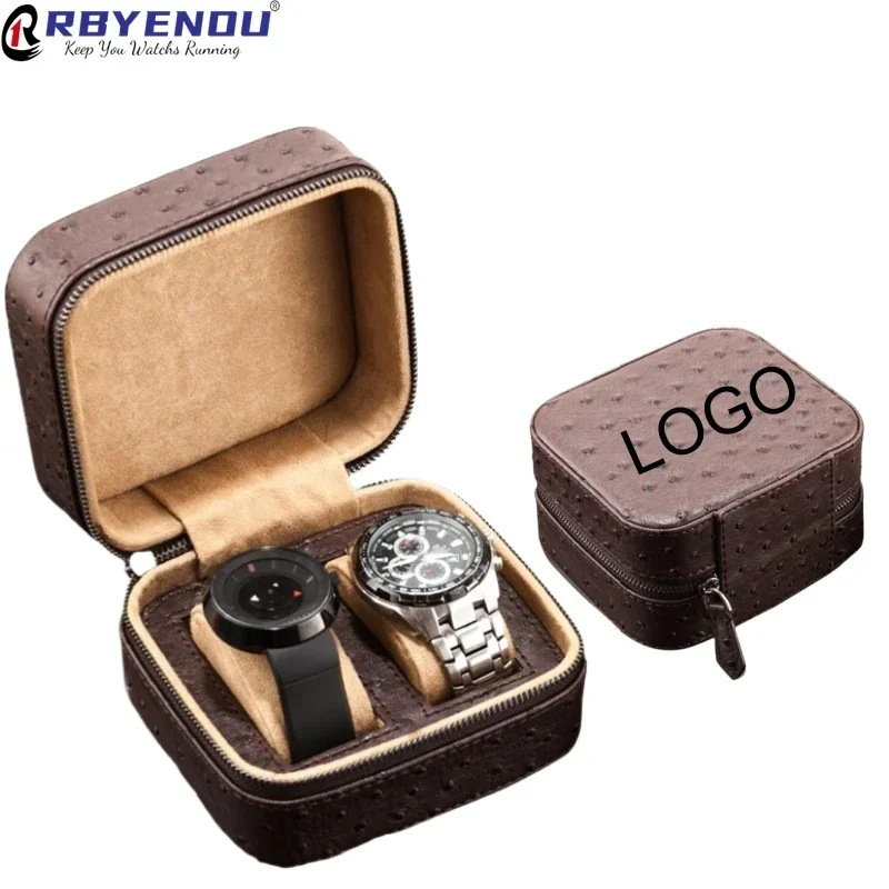Free Customizable 2 Slots Leather Watch Box Case Organizer Zipper Travel Watch Bag Storage Box Jewelry Collect Gift