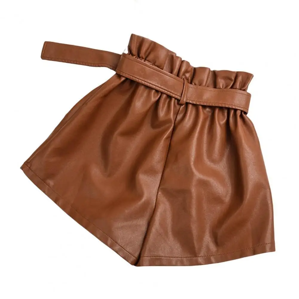 

Wide Leg Women Shorts Faux Leather High Waist Shorts With Sashes Solid Color Shirring Women Summer Shorts Loose