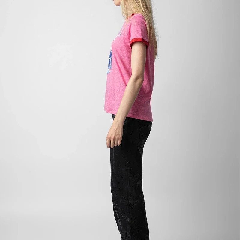 

2024 Early Spring New Printed Pattern Women Cuffs Contrast Color Round Neck Short Sleeves T-Shirt
