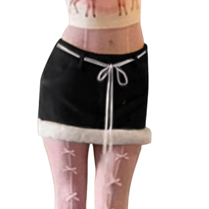 y2k Skirt Women Aesthetic Clothes Contrast Color Tie-up Low Waist Furry Patchwork Short Mini Skirt 2000s Streetwear
