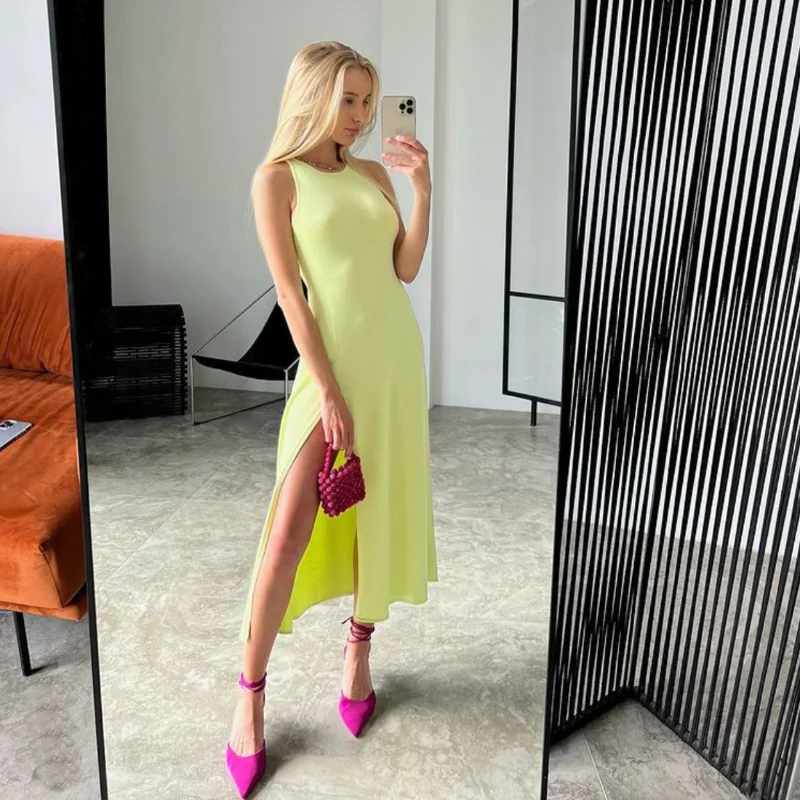 

Women's Sexy Solid Knitt Midi Dress Fashion Chic Sleeveless Split Bodycon A-line Long Dresses 2023 Spring Summer Vestidos Female
