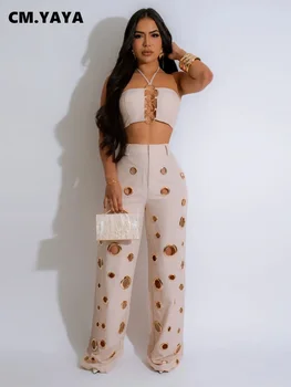 CM.YAYA Women Set Sleeveless Strapless Tops +Wide Leg Pants Two 2 Piece Set Hole Hollow Out Outfit Summer Sexy Street Tracksuit 1
