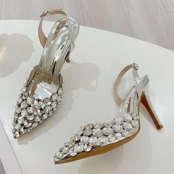 Aneikeh Fashion Stiletto Pumps Summer Silvery Rhinestone Hollow Strap High-heeled Sandals Women Wedding Banquet Shoes