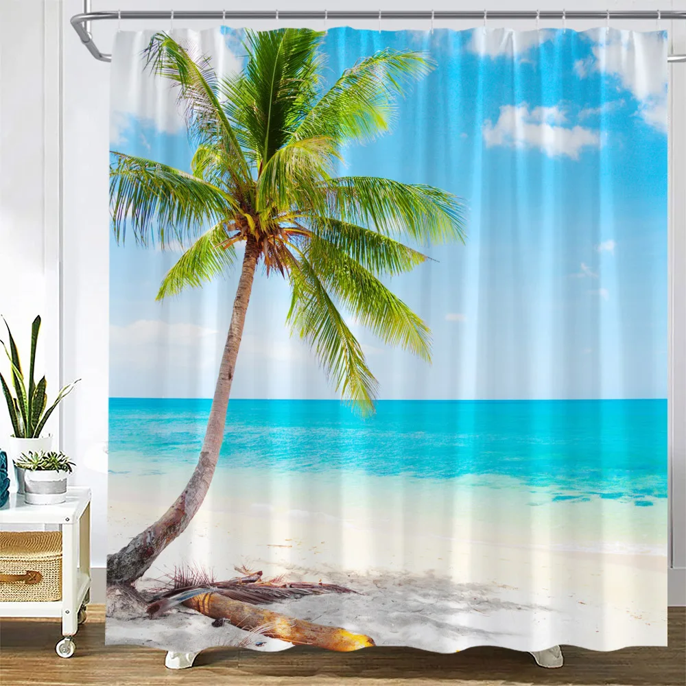 Shower Curtains Dusk Sunset Beach Tropical Ocean Palm Tree Forest Waterfall Nature Scenery Cloth Home Decor Bathroom Curtain Set