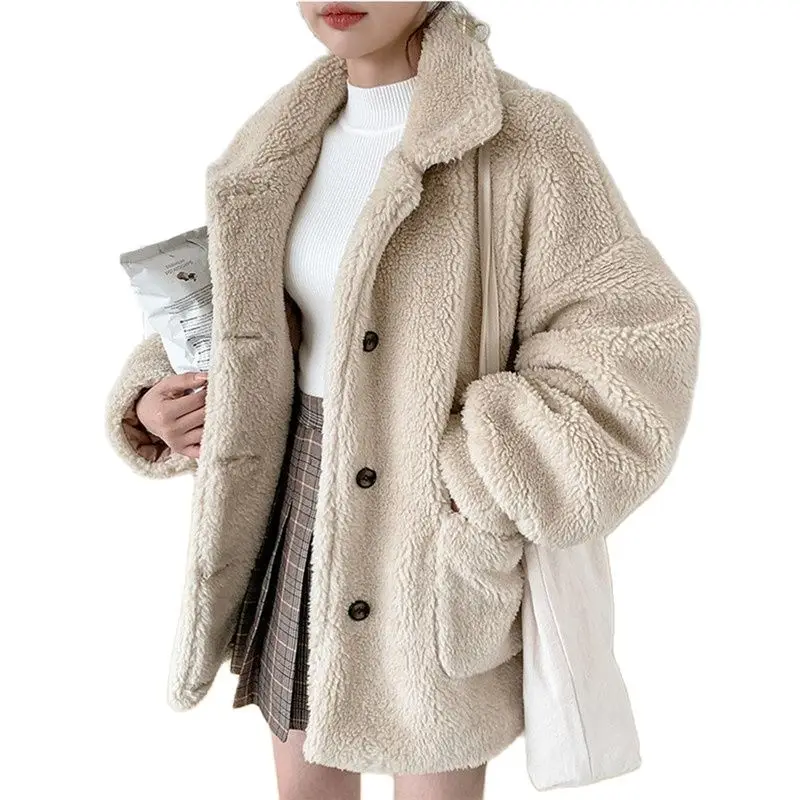 Winter Warm Girls Faux Fur Coat Loose Straight Hem Design Korean Fashion Lady Berber Fleece Women Coats Single Breast