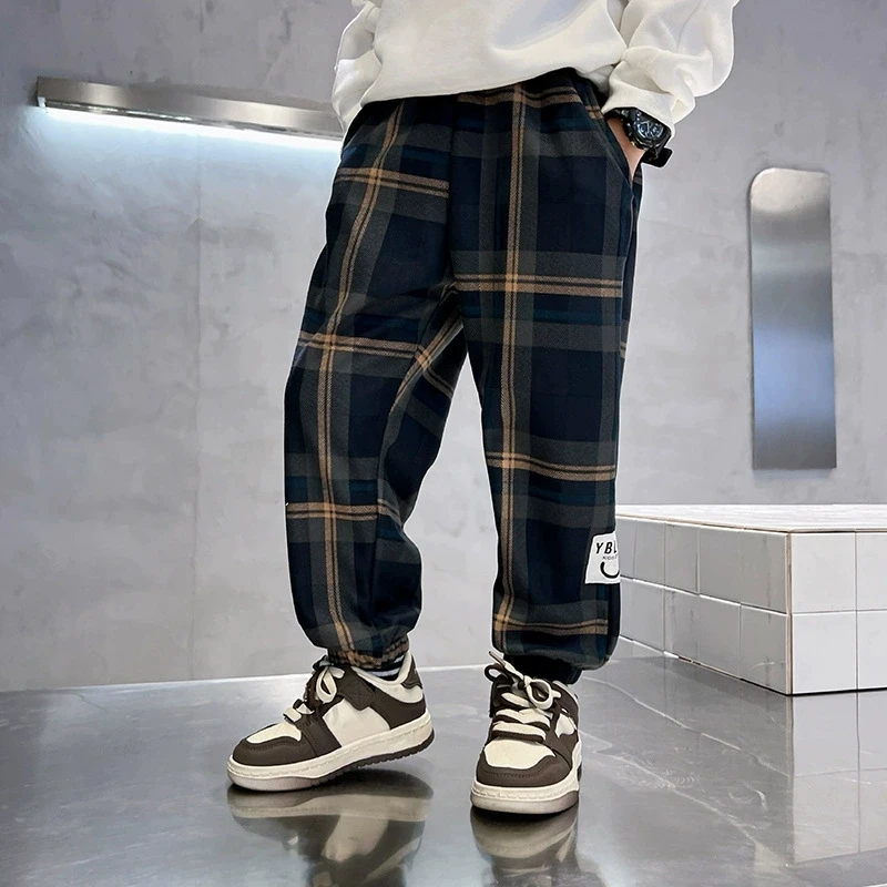 بنطلونات كاجوال للأولاد من 3-12 سنة لفصلي الربيع والخريف، موديل 2026 الجديد، سراويل رياضية فضفاضة من القطن بنقشة مربعات للأطفال، ملابس أطفال