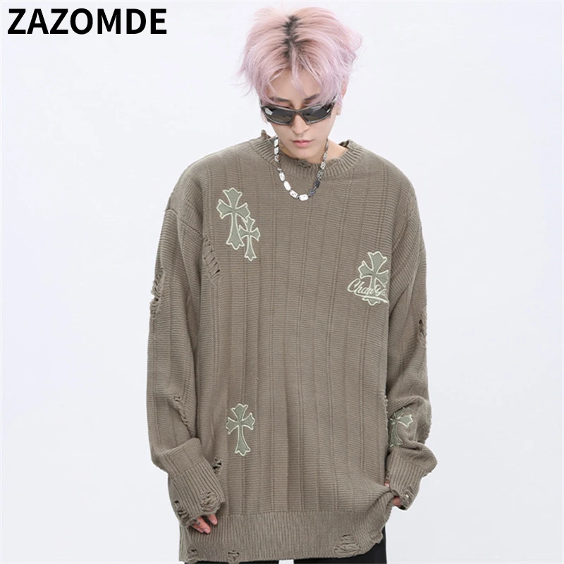 ZAZOMDE 2022 Knit Sweaters Men Streetwear Hip Hop Pullovers Jumper Fashion Oversized Sweaters   All-match Men Winter Clothes