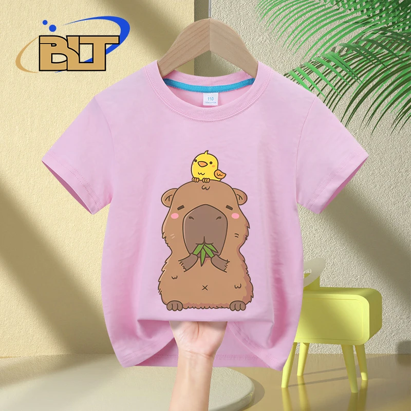 Cute Capybara & Yellow Bird Cartoon Print Kids' Summer T-Shirt