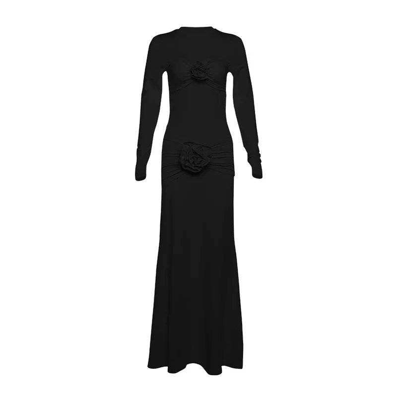 Sexy Slim Ruched Flower Maxi Dress For Women Long Sleeve Solid Party Streetwear Outfits Elegant High Elasticity Dresses