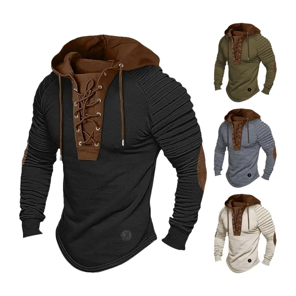 Patchwork Hoodie Vintage Lace-up Drawstring Men's Hoodie with Pleated Shoulders Soft Stretchy Breathable Daily Top Men Retro
