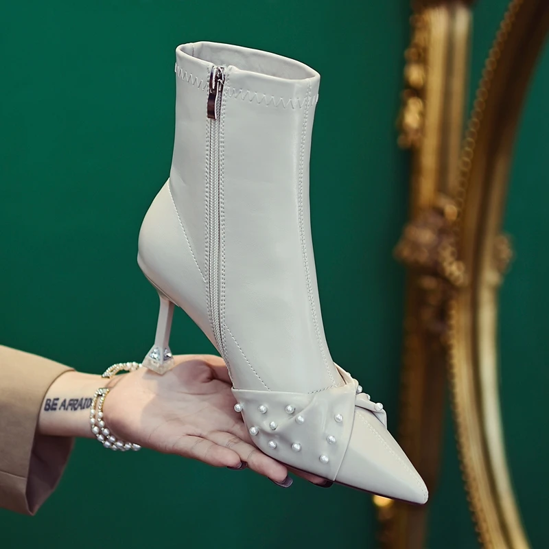 Fashion French Pointed Elastic Short Boots Fall/Winter 2023 New Pure Color Pearl Bow Side Zipper Stiletto High Heel Thin Boots