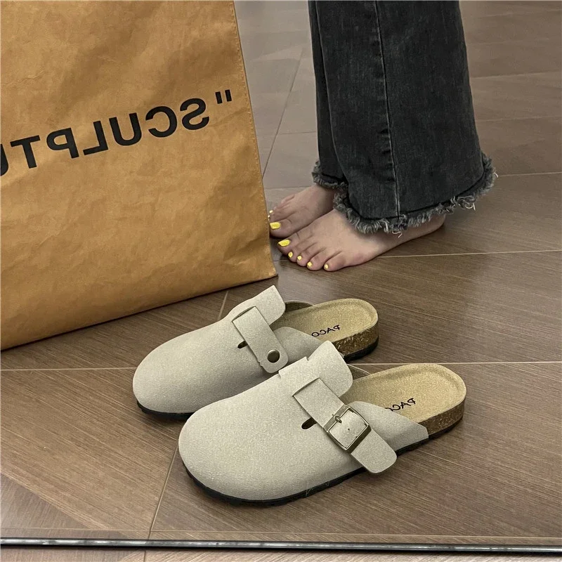 

Fashion Women Suede Slippers Wedges Heel Cork Mules Platform Clog Non Slip Sole Buckle Outdoor Home Shoes