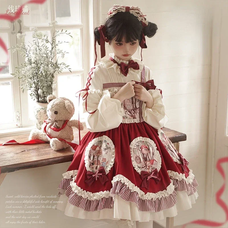 

Japanese Victorian Vintage Style Lolita Long Sleeve Dress Women Cute Bow Ruffles Print Cosplay Dresses Sweet Girl Kawaii Dress