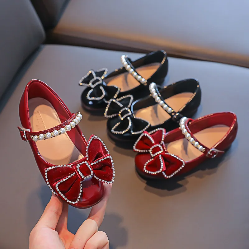 Black Red Leather Kids Mary Jane Shoes with Rhinestone Bow
