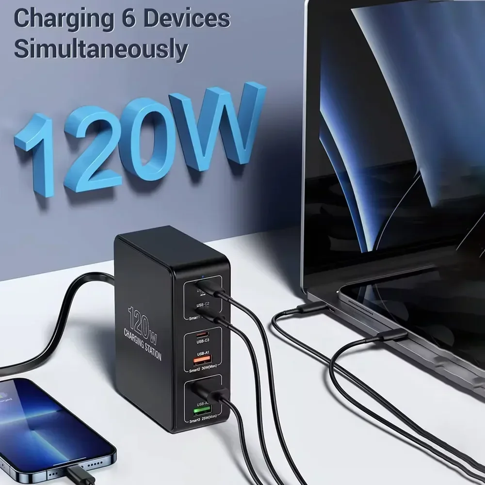 Gan 120W Charger Station 6-Port Charge 3C+3A QC3.0 PPS PD 65W For iPhone Samsung Xiaomi Smartphone Laptop Desktop Fast Charging