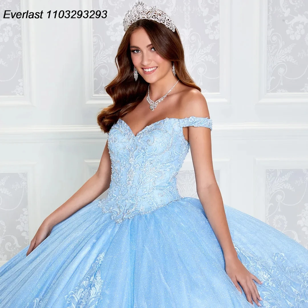 EVLAST Blue Quinceanera Dress Ball Gown Lace Applique Beaded Crystal Off Shoulder Sweet 16 Vestido 15 De A&ntilde;os TQD249