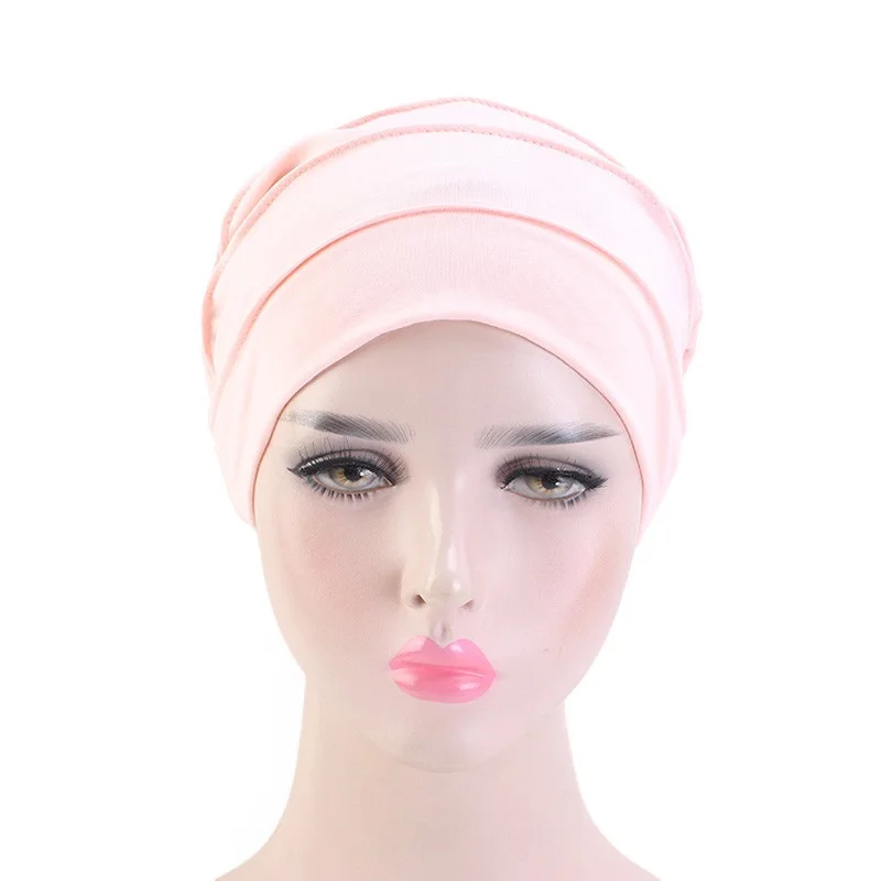 Women Stretch Beanie Chemo Cotton Hair Turban Hat Double-layer Soft Satin Lining Crinkled Hijab Inner Hijab Caps 2