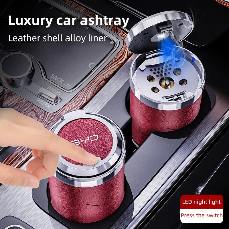 

For BYD Atto 3 Han EV 600 Yuan Dolphin E2 Song PRO Max Tang DM 2018 Qin PLUS 4 Leather Car Ashtray Cup Portable With LED Light