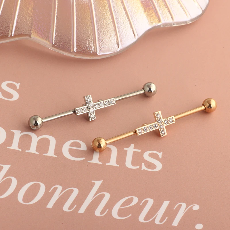 Long Industrial Barbell Rings Piercing Ear Stud CZ Zircon Cartilage Tragus Earrings 14 Barbell Jewelry tragus earrings